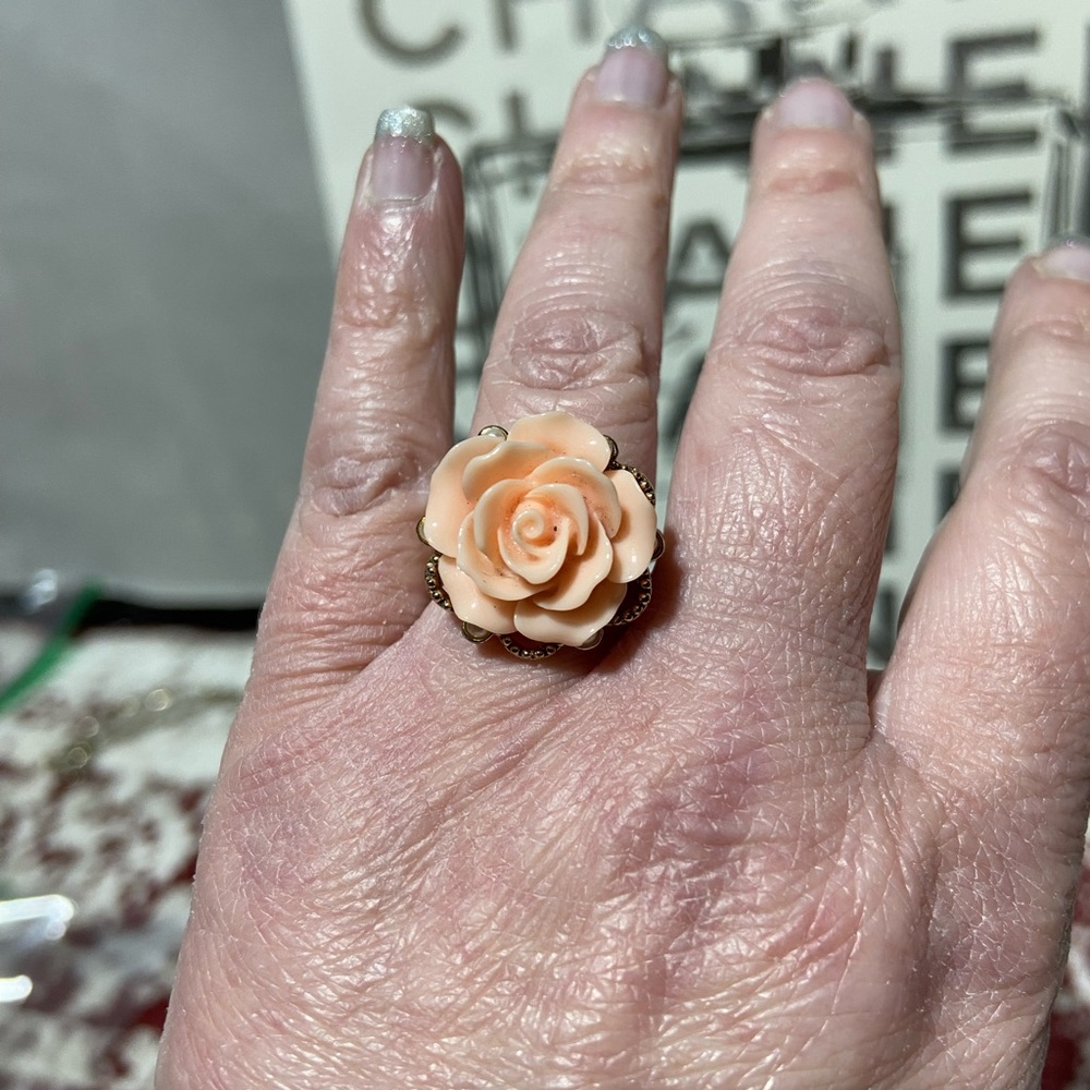 Vintage Peach Carved Rose Flower Statement Cocktail Ring